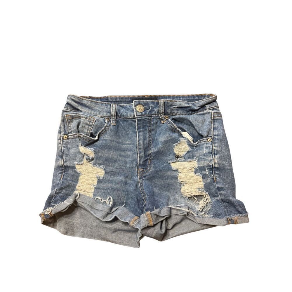 Aeropostale High Waisted Midi Blue Denim Jean Shorts Cuffed Size 6 Distressed